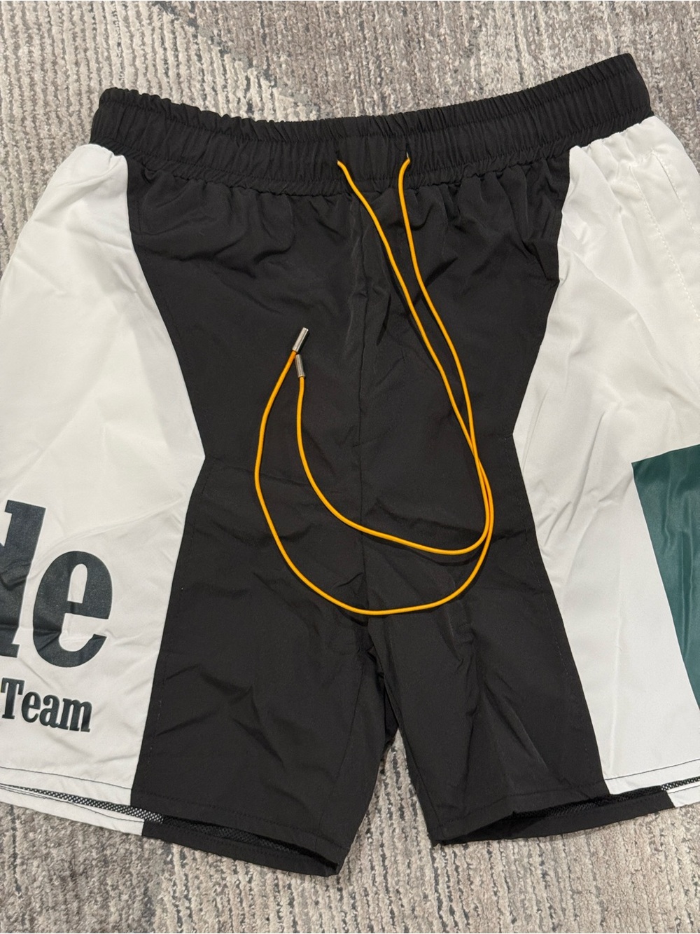 Rhude Black and White Athletic Shorts with Yellow Drawstring - Picture 2 of 7